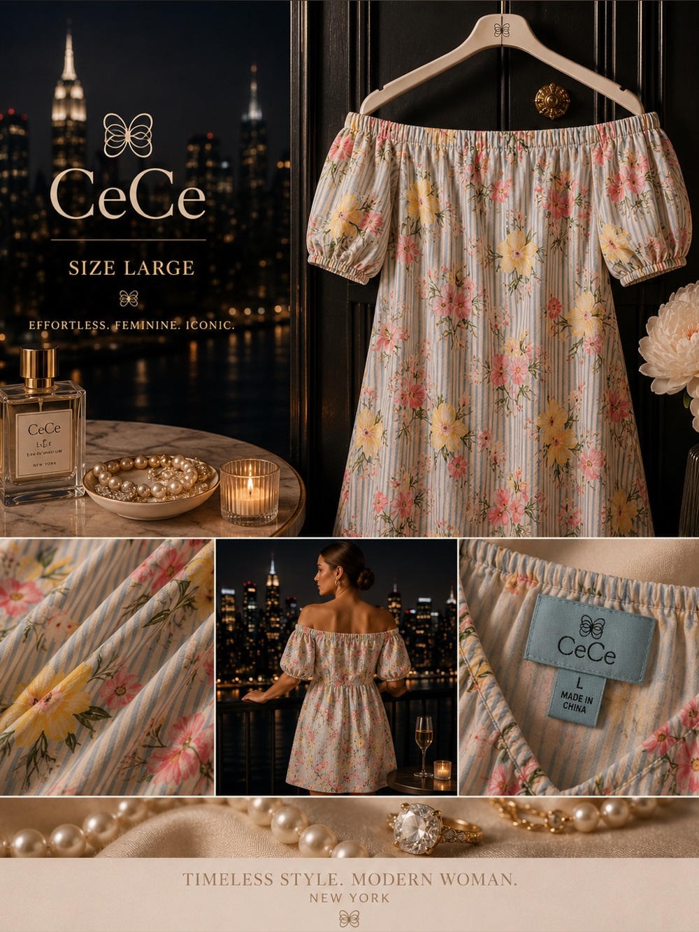 CeCe Blue and Pink Floral Off-Shoulder Top